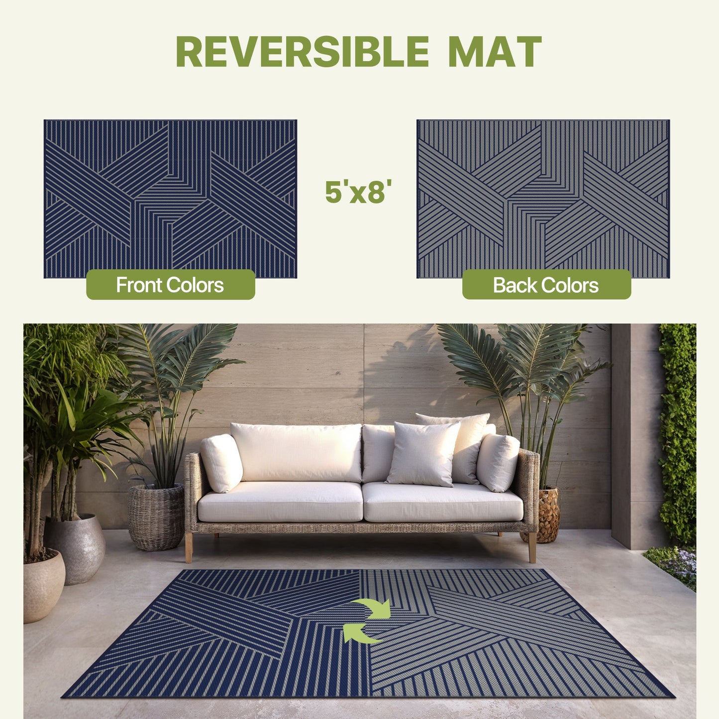 KUETH 5'x 8' Outdoor Rug Plastic Foldable Waterproof Outside Carpet UV Resistant Geometric Patio RV Deck Mat,BLUE GREY