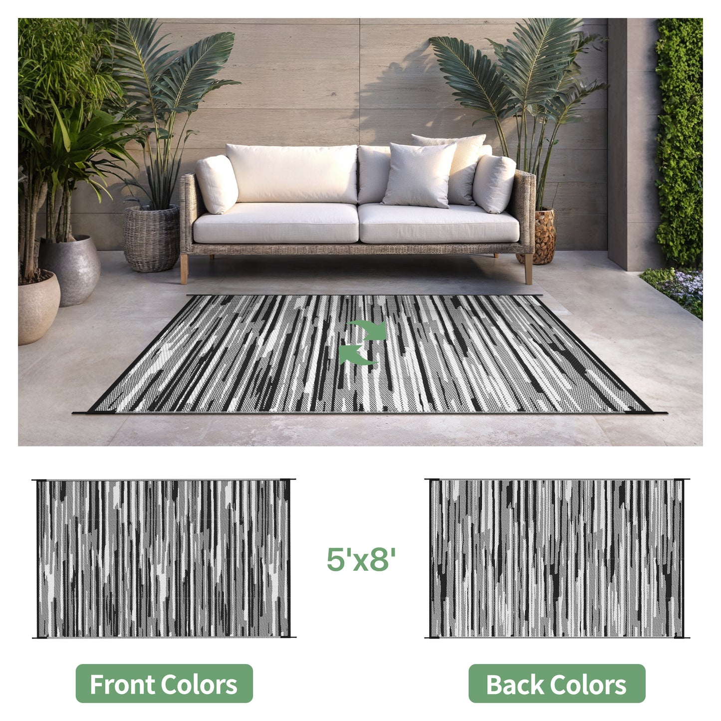 KUETH 5' x 8' Outdoor Waterproof Reversible Rug Camping Mat Abstract Patio Yard Carpet,BLACK&WHITE
