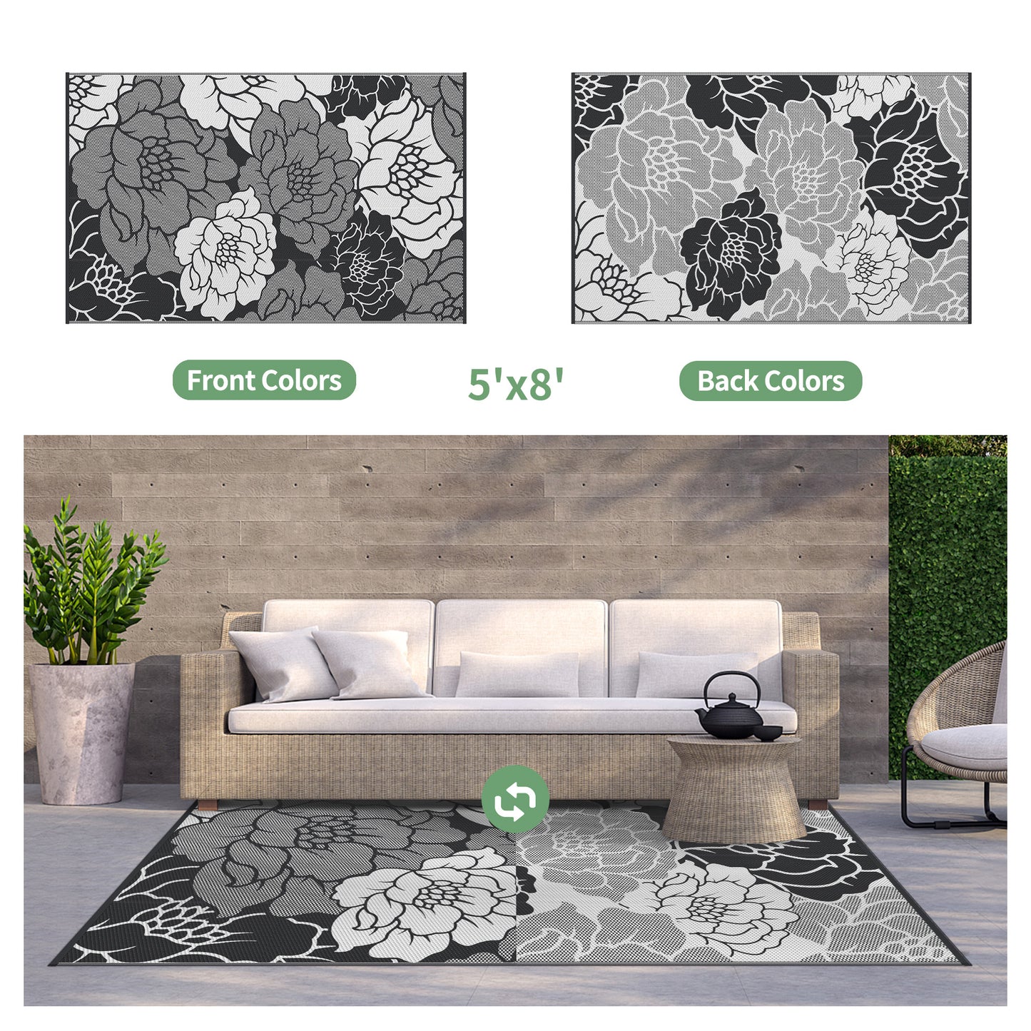 KUETH 5'x 8' Outdoor Rug Plastic Waterproof Outside Foldable Mat UV Resistant Patio RV Deck Carpet,Black White