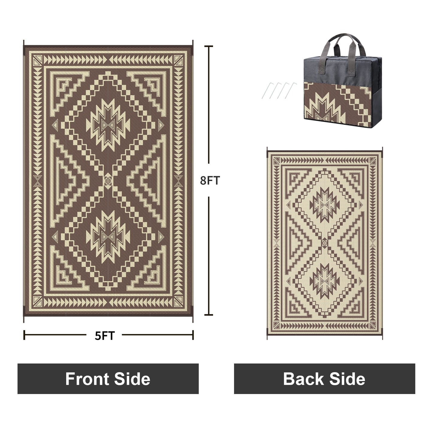 KUETH 5' x 8' Outdoor Waterproof Rug Camping Mat Patio Carpet,COFFEE&BEIGE