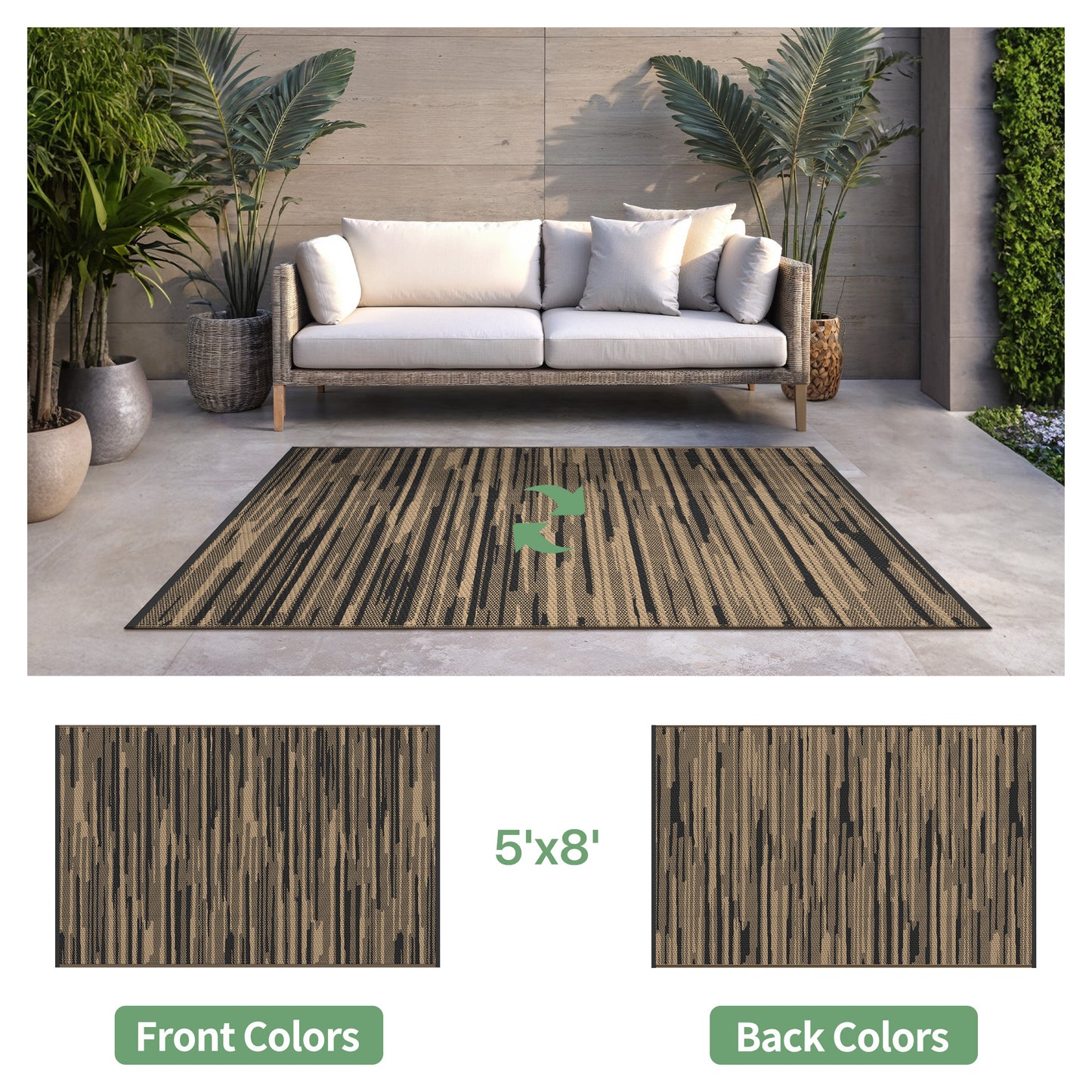 KUETH 5' x 8' Outdoor Rug Plastic Foldable Waterproof Reversible Camping Mat Patio Yard Carpet,BLACK&BROWN