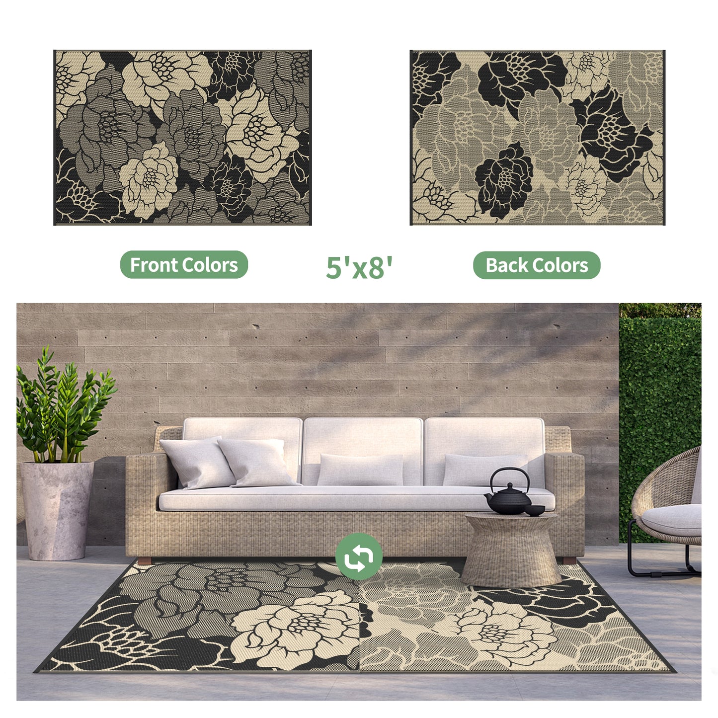 KUETH 5'x 8' Outdoor Rug Plastic Waterproof Outside Foldable Flower Mat UV Resistant Patio RV Deck Carpet,BLACK BEIGE