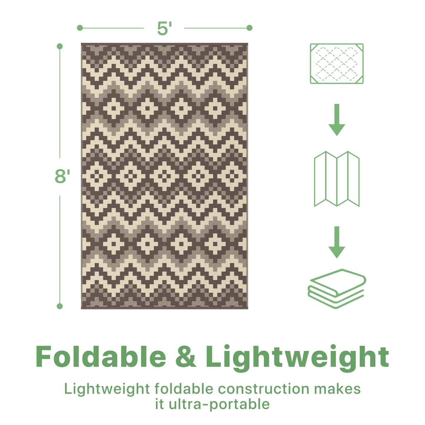 KUETH 5' x 8' Outdoor Rug Waterproof Camping Patio Rug Boho Geometric Reversible Outdoor Plastic Carpet for RV Blcony Picnic Porch,COFFEE&BEIGE