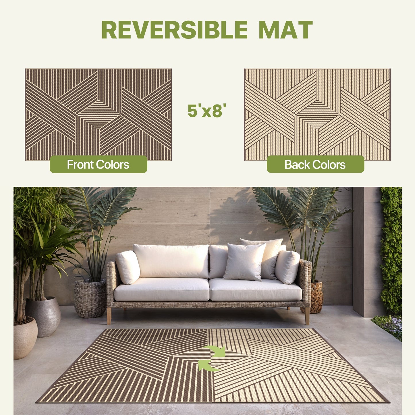 KUETH 5'x 8' Outdoor Rug Plastic Foldable Waterproof Outside Carpet UV Resistant Geometric Patio RV Deck Mat,COFFEE BEIGE