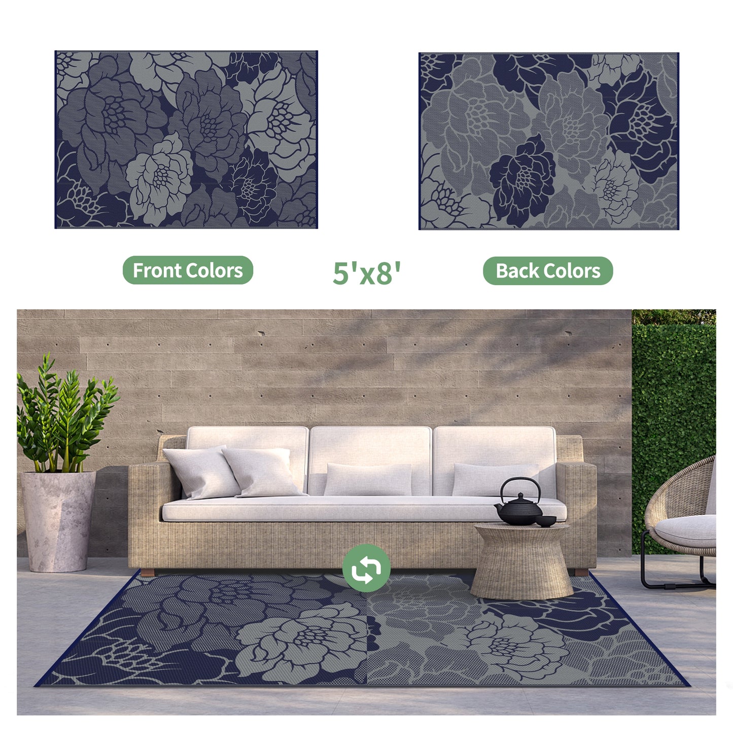 KUETH 5'x 8' Outdoor Rug Plastic Waterproof Outside Foldable Flower Mat UV Resistant Patio RV Deck Carpet,BLUE GREY