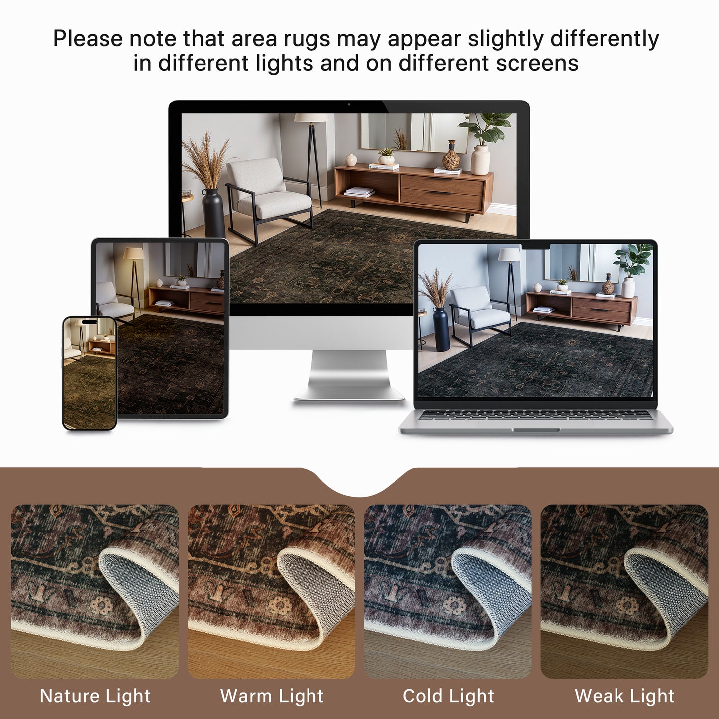 KUETH Modern 8x10 Area Rugs for Living Room, Non Slip Machine Washable Retro Rugs, Low Pile Chenille Print Rug for Bedroom, Dining Room, Home Office, Charcoal Brown