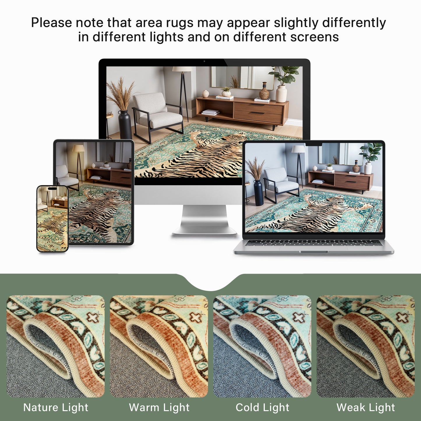 KUETH 5'x7' Tiger Area Rugs for Living Room, Non Slip Machine Washable Vintage Boho Rug, Low Pile Print Rug for Bedroom Dining Room Home Office