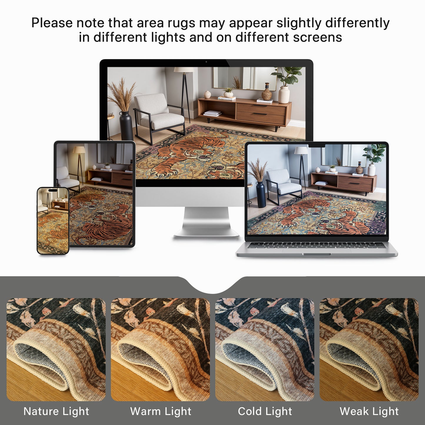 KUETH 8'x10' Tiger Area Rugs for Living Room, Non Slip Machine Washable Vintage Boho Rug, Low Pile Print Rug for Bedroom Dining Room Home Office