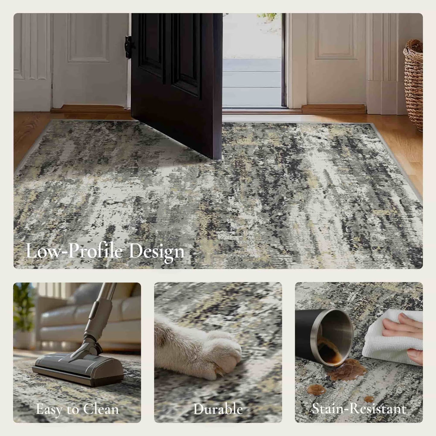 KUETH 3×5 Area Rug Washable for Living Room, Large Black Print Pattern Modern Abstract Soft Non Slip Low Pile Indoor Rug, Bedroom, Dinning Room