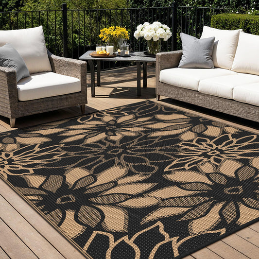 KUETH 8'x10' Outdoor Rug Waterproof Plastic Reversible Floral Patio Camping Outside Carpet,Black Brown