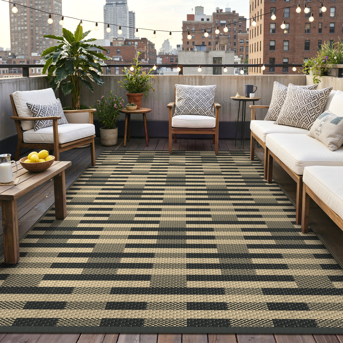 KUETH 6'x 9' Black and Beige Outdoor Plastic Rug Foldable Waterproof UV Resistant Reversible Outdoor Patio Geometric RV Deck Camping Rug