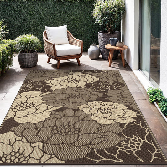 KUETH 8'x 10' Outdoor Rug Plastic Waterproof Outside Foldable Flower Mat UV Resistant Patio RV Deck Carpet,COFFEE BEIGE