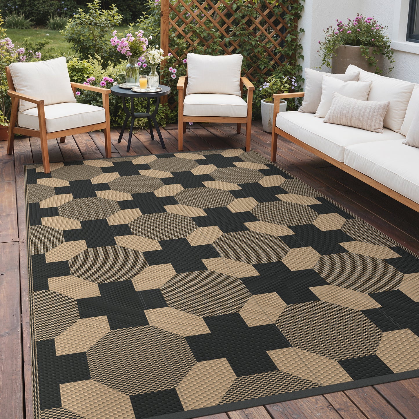 KUETH 6'x 9' Reversible Outdoor Patio Rug Waterproof UV Resistant Foldable Plastic Camping Carpet for RV Deck Pool Yard Balcony