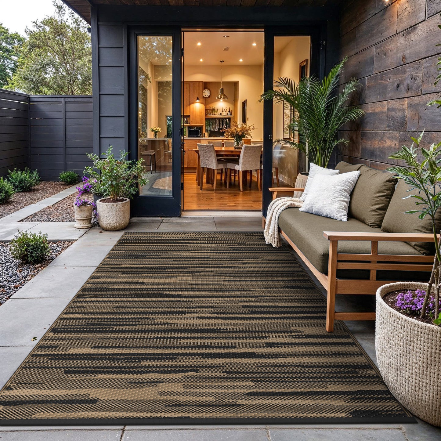 KUETH 5' x 8' Outdoor Rug Plastic Foldable Waterproof Reversible Camping Mat Patio Yard Carpet,BLACK&BROWN
