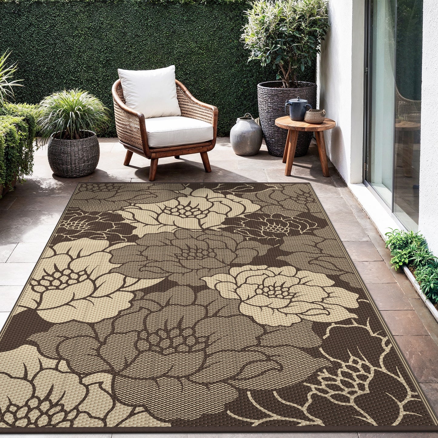 KUETH 6'x 9' Outdoor Rug Plastic Waterproof Outside Foldable Flower Mat UV Resistant Patio RV Deck Carpet,COFFEE BEIGE