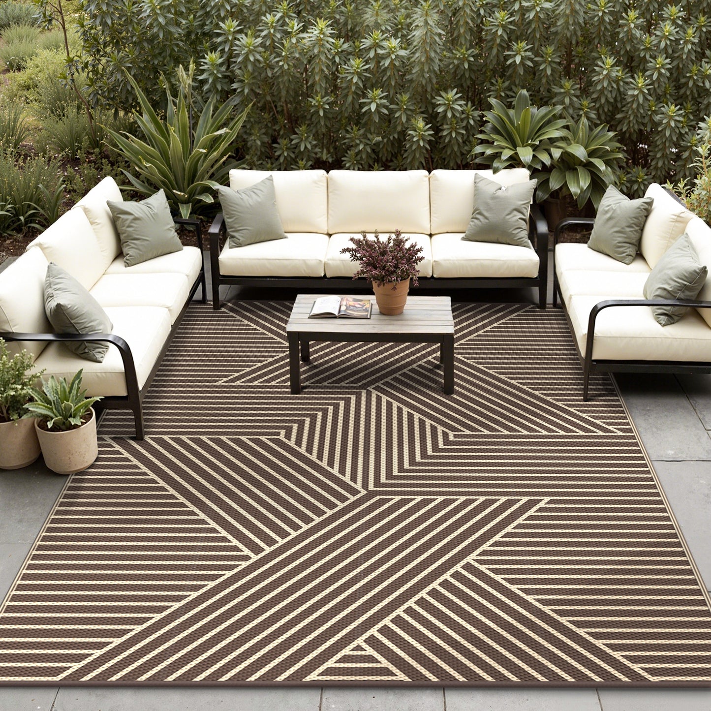 KUETH 5'x 8' Outdoor Rug Plastic Foldable Waterproof Outside Carpet UV Resistant Geometric Patio RV Deck Mat,COFFEE BEIGE
