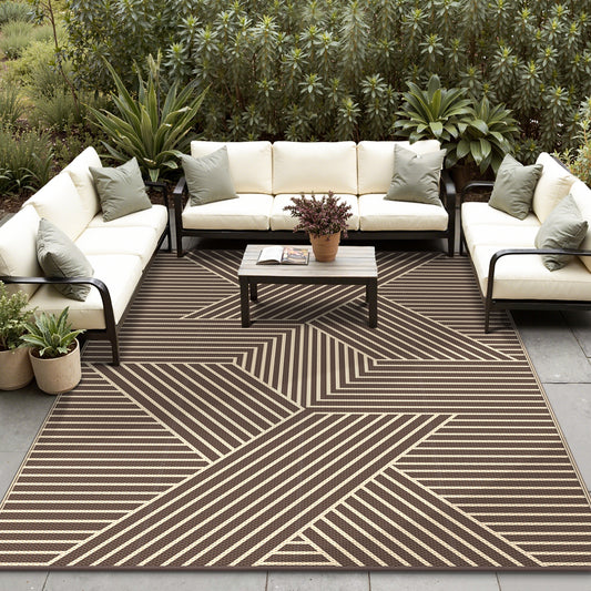KUETH 8'x 10' Outdoor Rug Plastic Foldable Waterproof Outside Carpet UV Resistant Geometric Patio RV Deck Mat,COFFEE BEIGE