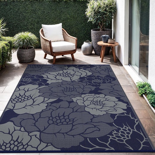 KUETH 5'x 8' Outdoor Rug Plastic Waterproof Outside Foldable Flower Mat UV Resistant Patio RV Deck Carpet,BLUE GREY