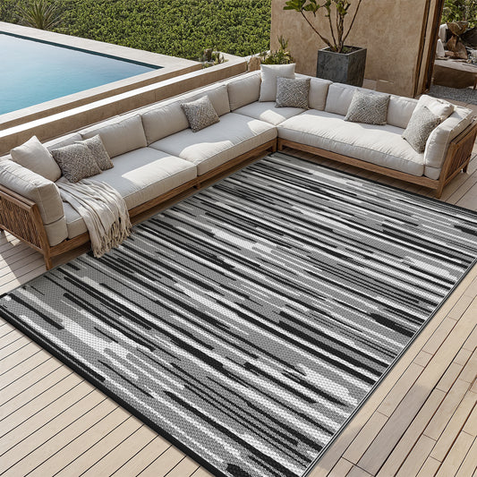 KUETH 5' x 8' Outdoor Waterproof Reversible Rug Camping Mat Abstract Patio Yard Carpet,BLACK&WHITE