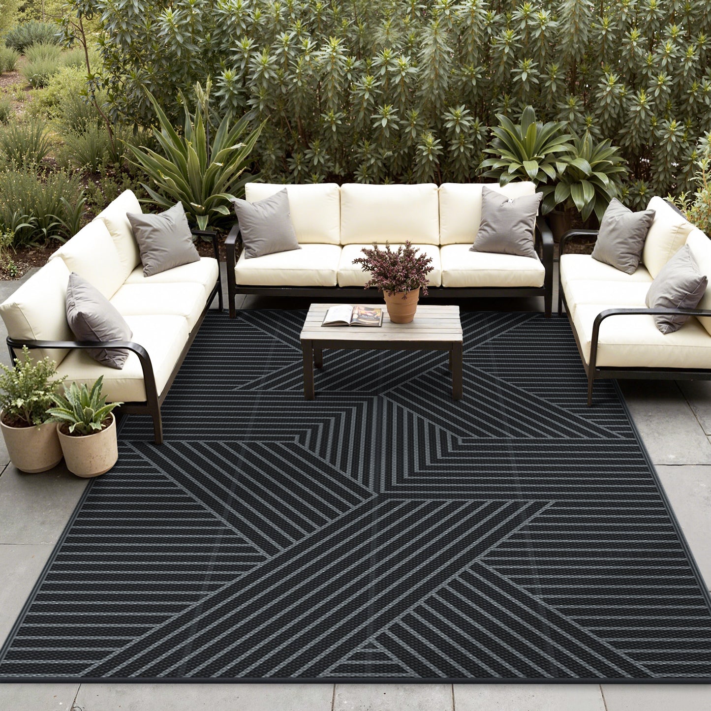 KUETH 5'x 8' Outdoor Rug Plastic Foldable Waterproof Outside Carpet UV Resistant Geometric Patio RV Deck Mat,BLACK GREY