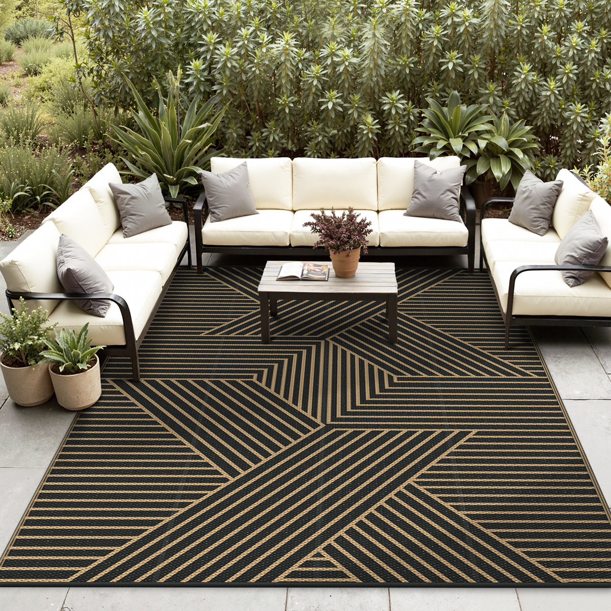 KUETH 9'x 12' Outdoor Rug Plastic Foldable Waterproof Outside Carpet UV Resistant Geometric Patio RV Deck Mat,Black Brown