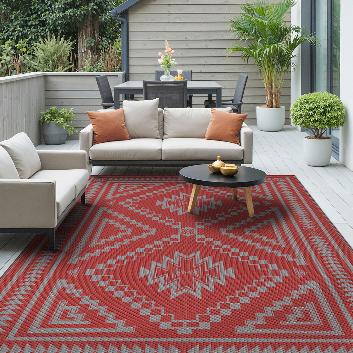 KUETH 6' x 9' Outdoor Rug Waterproof for Patio Carpet Plastic Reversible Straw Outdoor Rug for Camping Picnic Geometric Mat ,RED & GREY