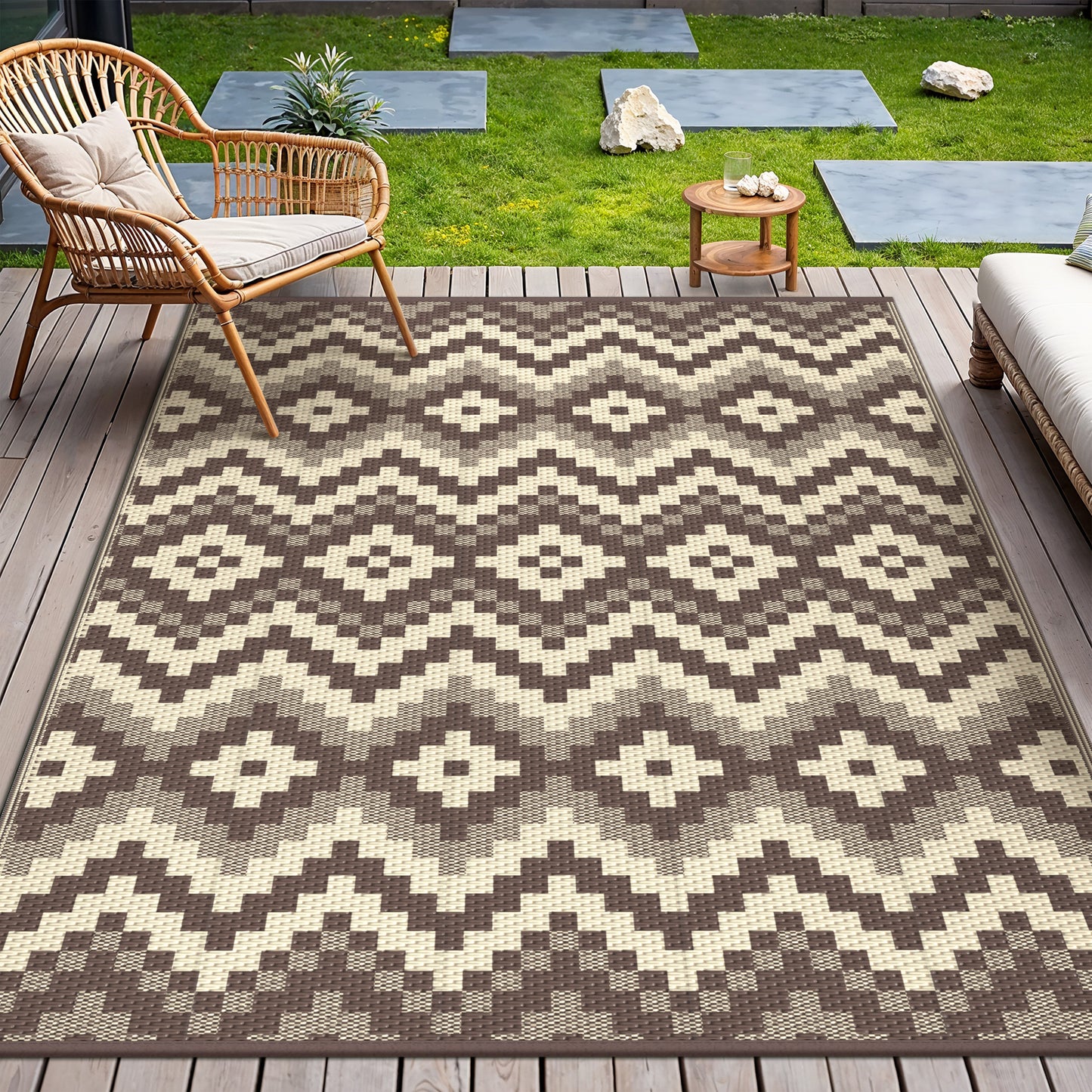 KUETH 5' x 8' Outdoor Rug Waterproof Camping Patio Rug Boho Geometric Reversible Outdoor Plastic Carpet for RV Blcony Picnic Porch,COFFEE&BEIGE