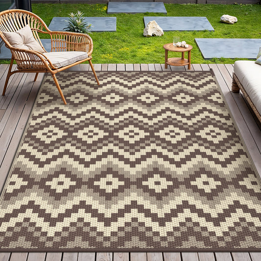 KUETH 5' x 8' Outdoor Patio Rug Camping Mat Boho Geometric Waterproof Plastic Carpet,COFFEE&BEIGE