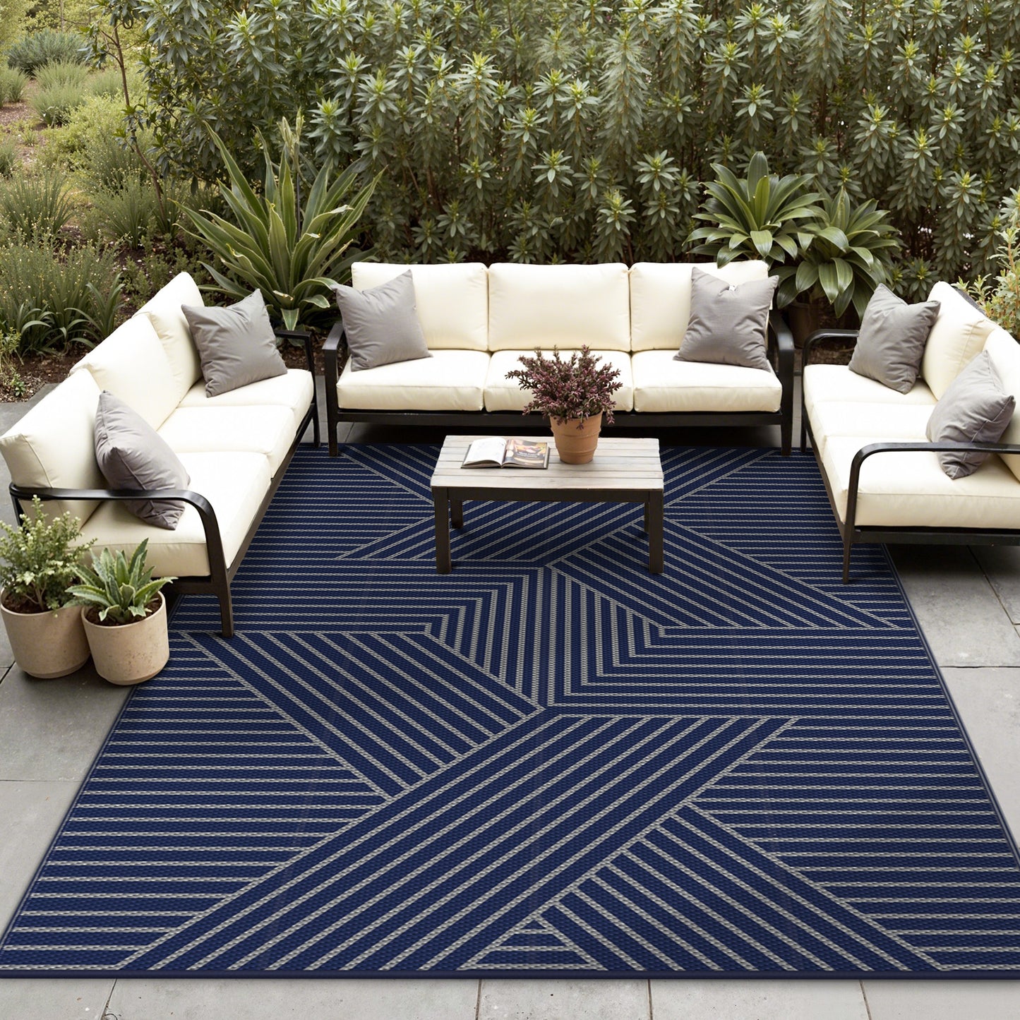 KUETH 9'x 12' Outdoor Rug Plastic Foldable Waterproof Outside Carpet UV Resistant Geometric Patio RV Deck Mat,BLUE GREY