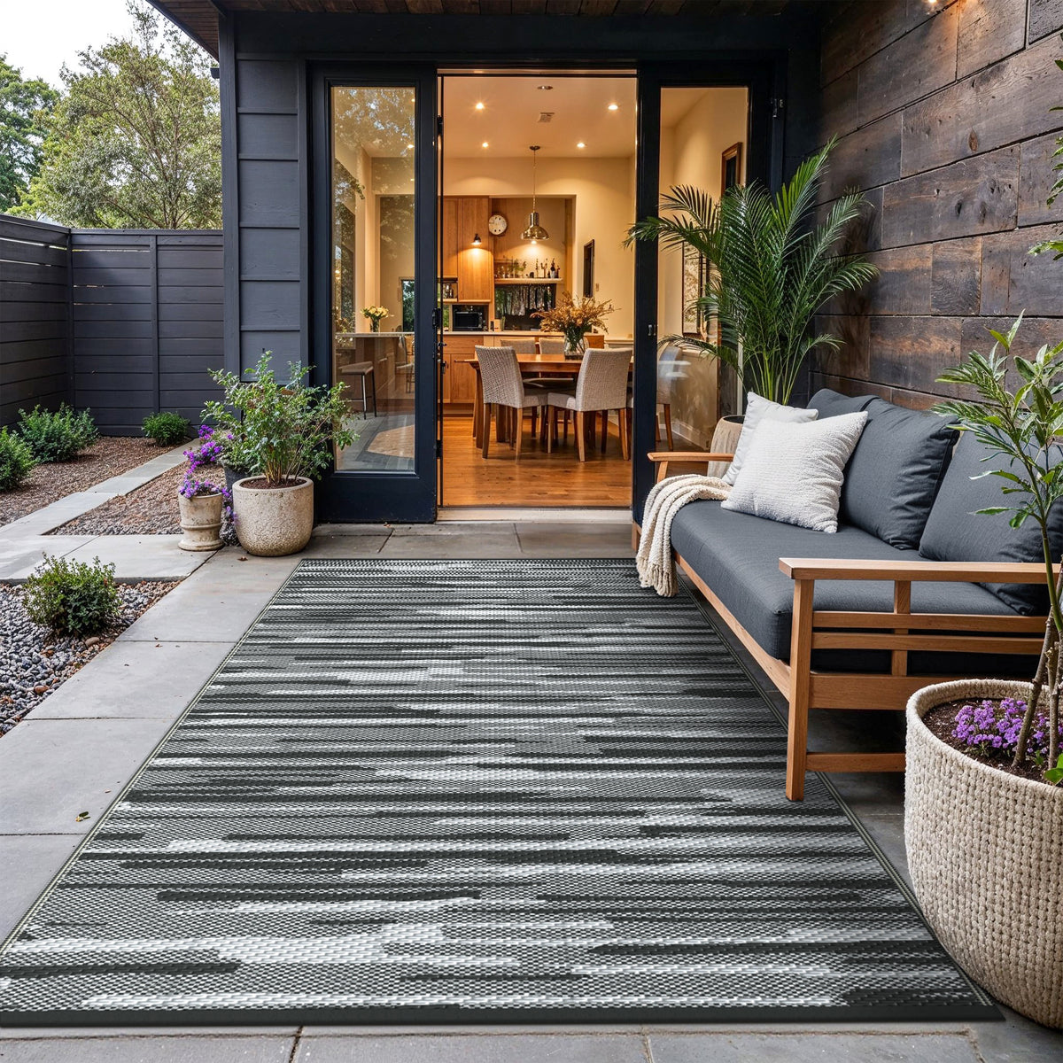 KUETH 5' x 8' Outdoor Waterproof Reversible Rug Camping Mat Abstract Patio Yard Carpet,BLACK&WHITE