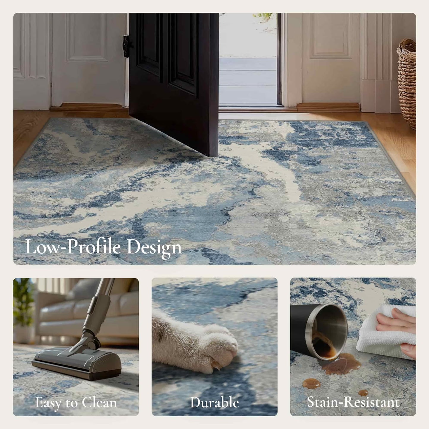 KUETH 5×7 Area Rug Washable for Living Room, Large Blue Print Pattern Modern Abstract Soft Non Slip Low Pile Indoor Rug, Bedroom, Dinning Room