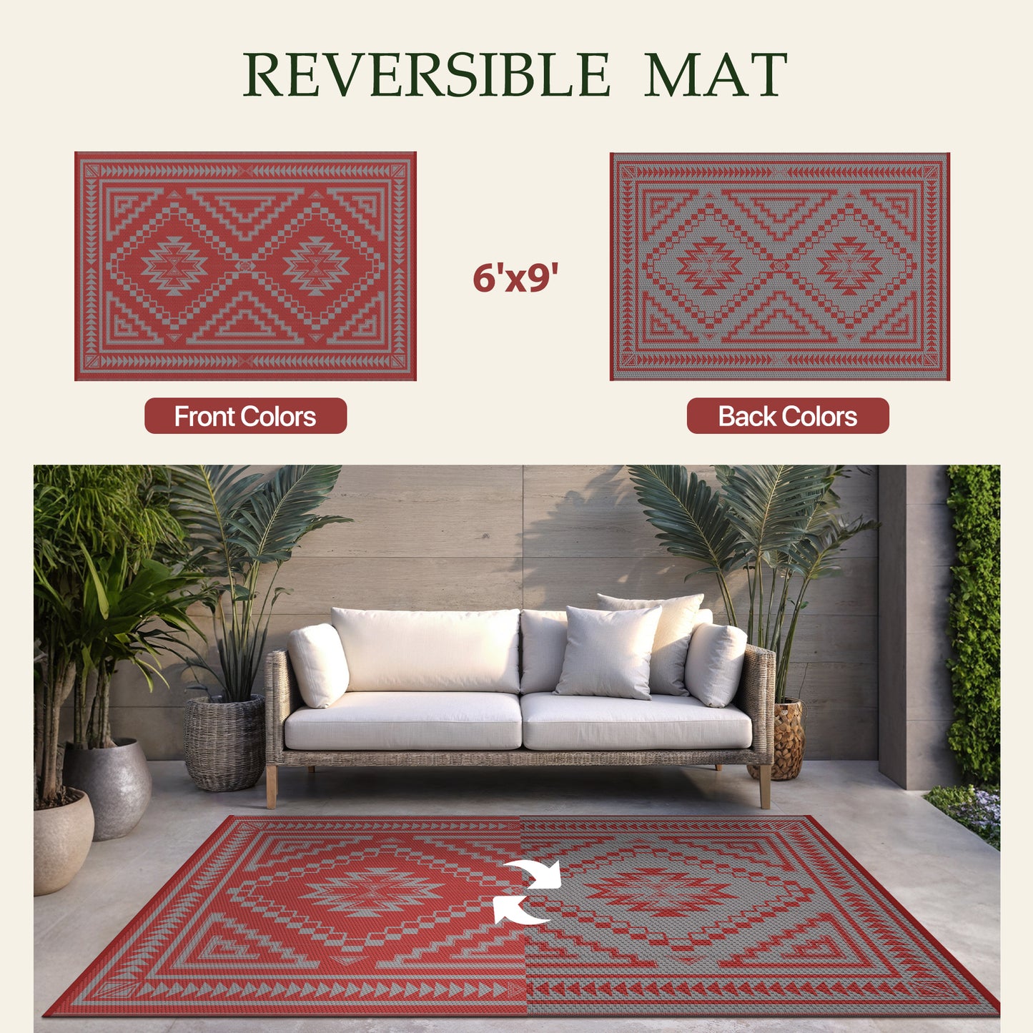 KUETH 6' x 9' Outdoor Rug Waterproof for Patio Carpet Plastic Reversible Straw Outdoor Rug for Camping Picnic Geometric Mat ,RED & GREY