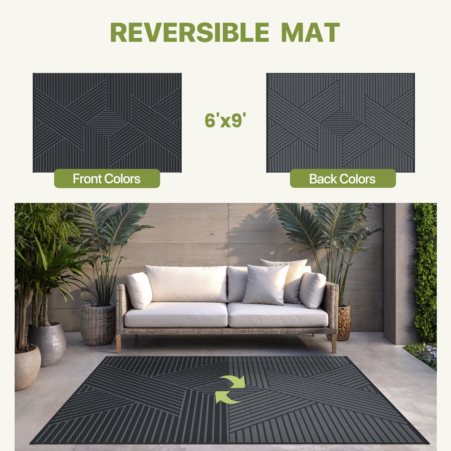 KUETH 6'x 9' Outdoor Rug Plastic Foldable Waterproof Outside Carpet UV Resistant Geometric Patio RV Deck Mat,BLACK GREY