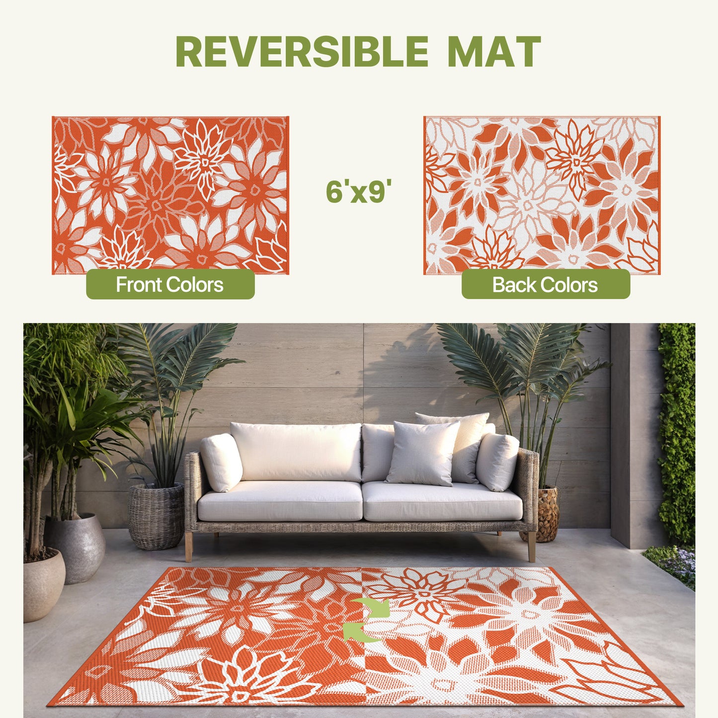 KUETH 6'x9' Outdoor Rug Waterproof Plastic Reversible Floral Patio Camping Outside Carpet,Orange White