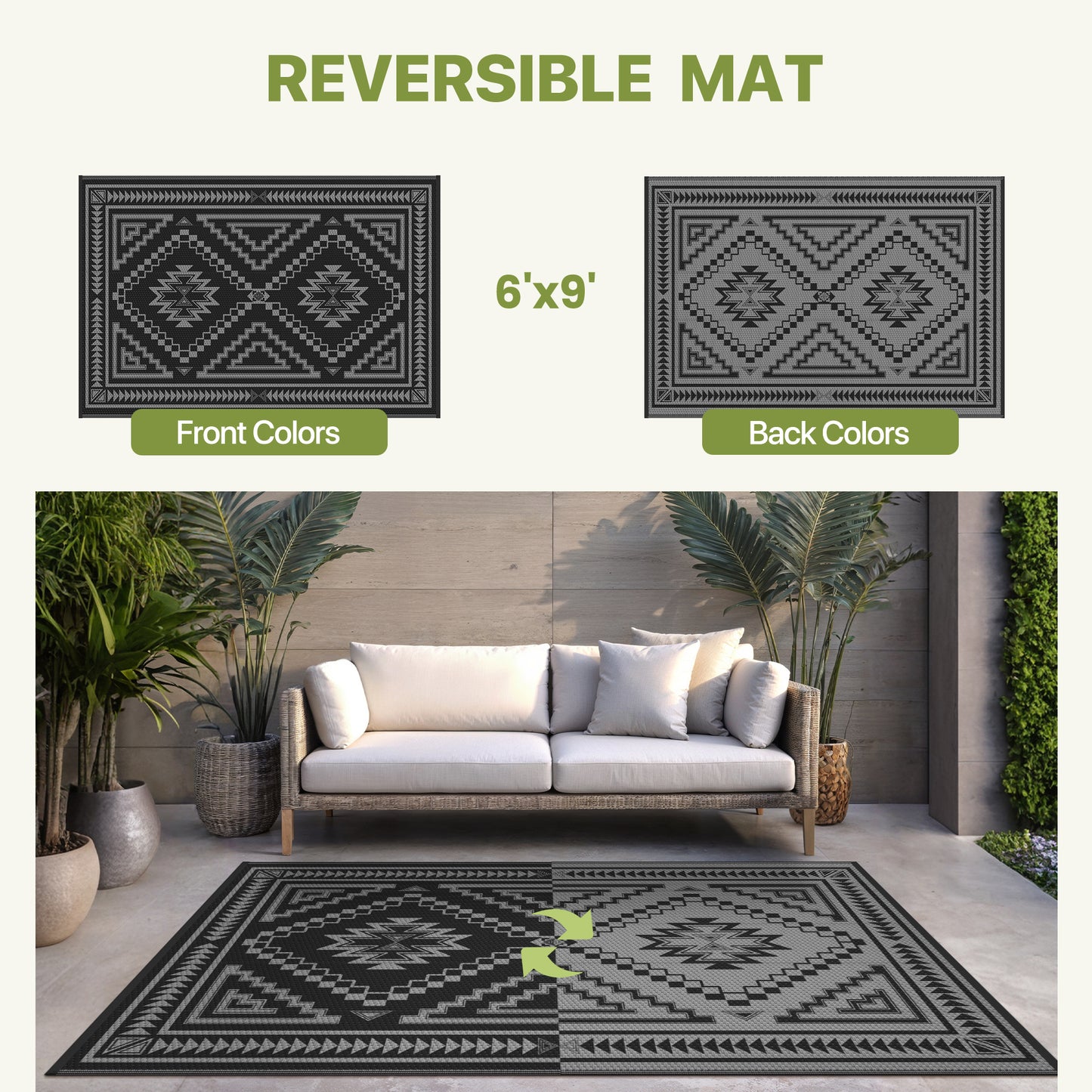 KUETH 6' x 9' Outdoor Rug Waterproof for Patio Carpet Plastic Reversible Straw Outdoor Rug for Camping Picnic Geometric Mat ,Black & Gray