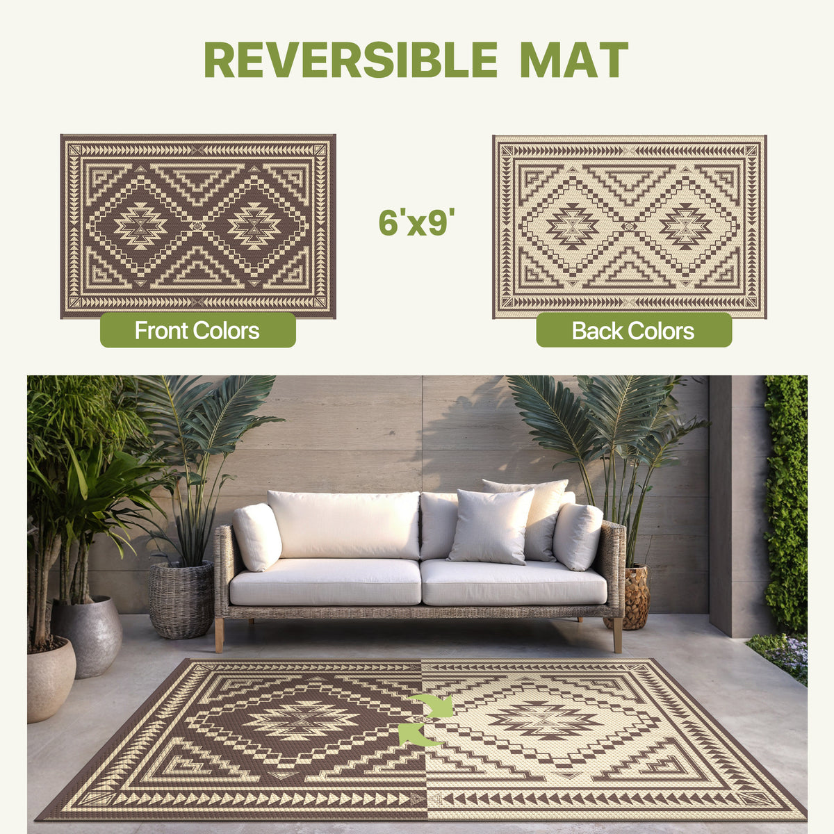 KUETH 6' x 9' Outdoor Rug Waterproof for Patio Carpet Plastic Reversible Straw Outdoor Rug for Camping Picnic Geometric Mat ,COFFEE&BEIGE