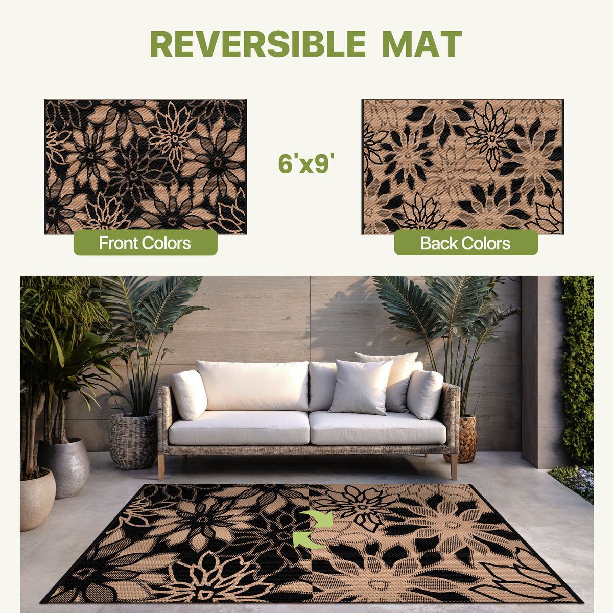 KUETH 6'x9' Outdoor Rug Waterproof Plastic Reversible Patio Camping Outside Carpet,Black Brown