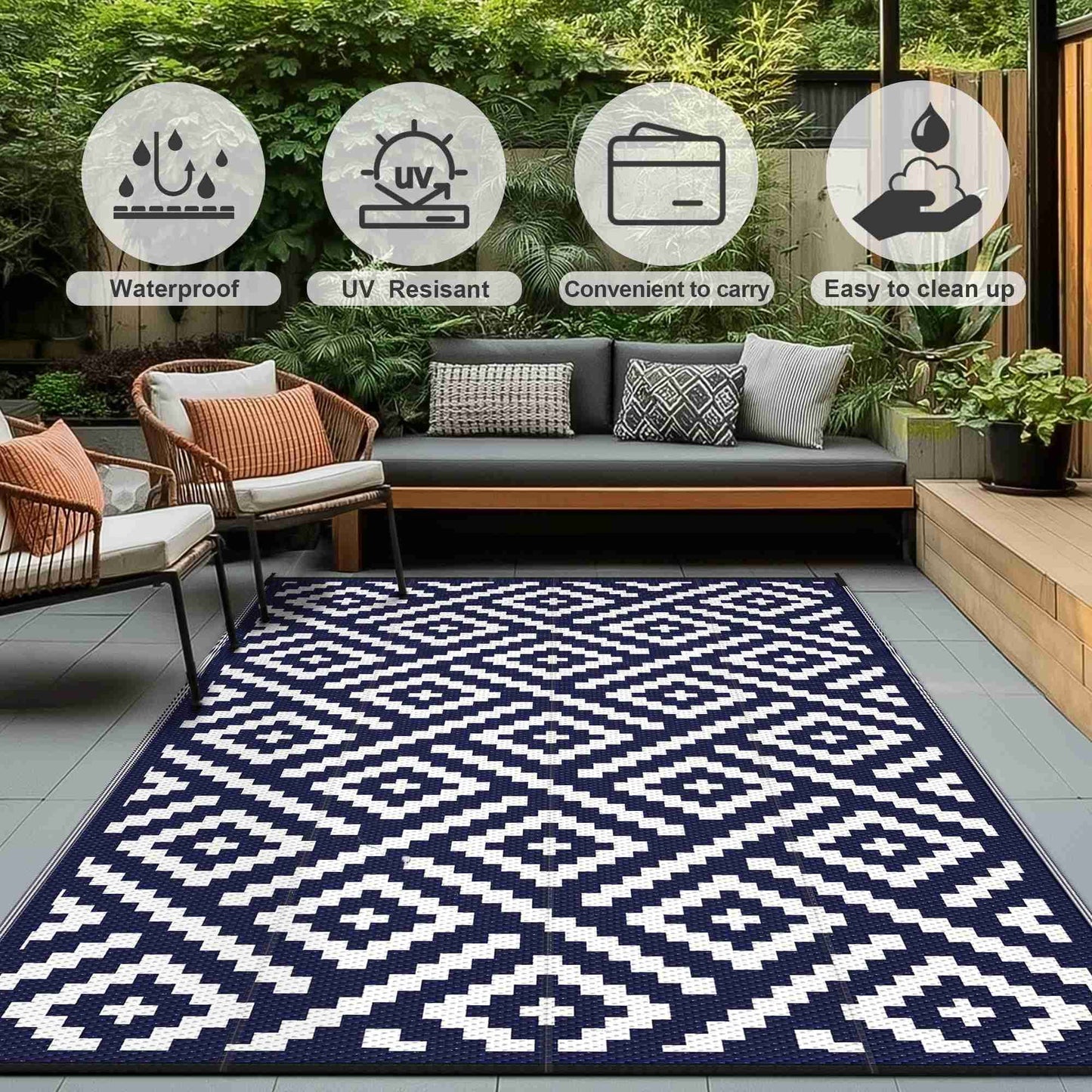 KUETH 6' x 9' Outdoor Waterproof Rug Camping Mat Patio Geometric Carpet,Navy Blue&White