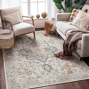 KUETH 8X10 Vintage Area Rugs Machine Washable Rugs for Living Room, Non Slip Flat Pile Rug with Rubber Backing, Boho Rug for Entryway Bedroom Dining Room Home Office