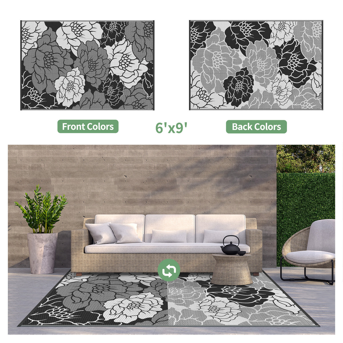 KUETH 6'x 9' Outdoor Rug Plastic Waterproof Outside Foldable Flower Mat UV Resistant Patio RV Deck Carpet,Black White