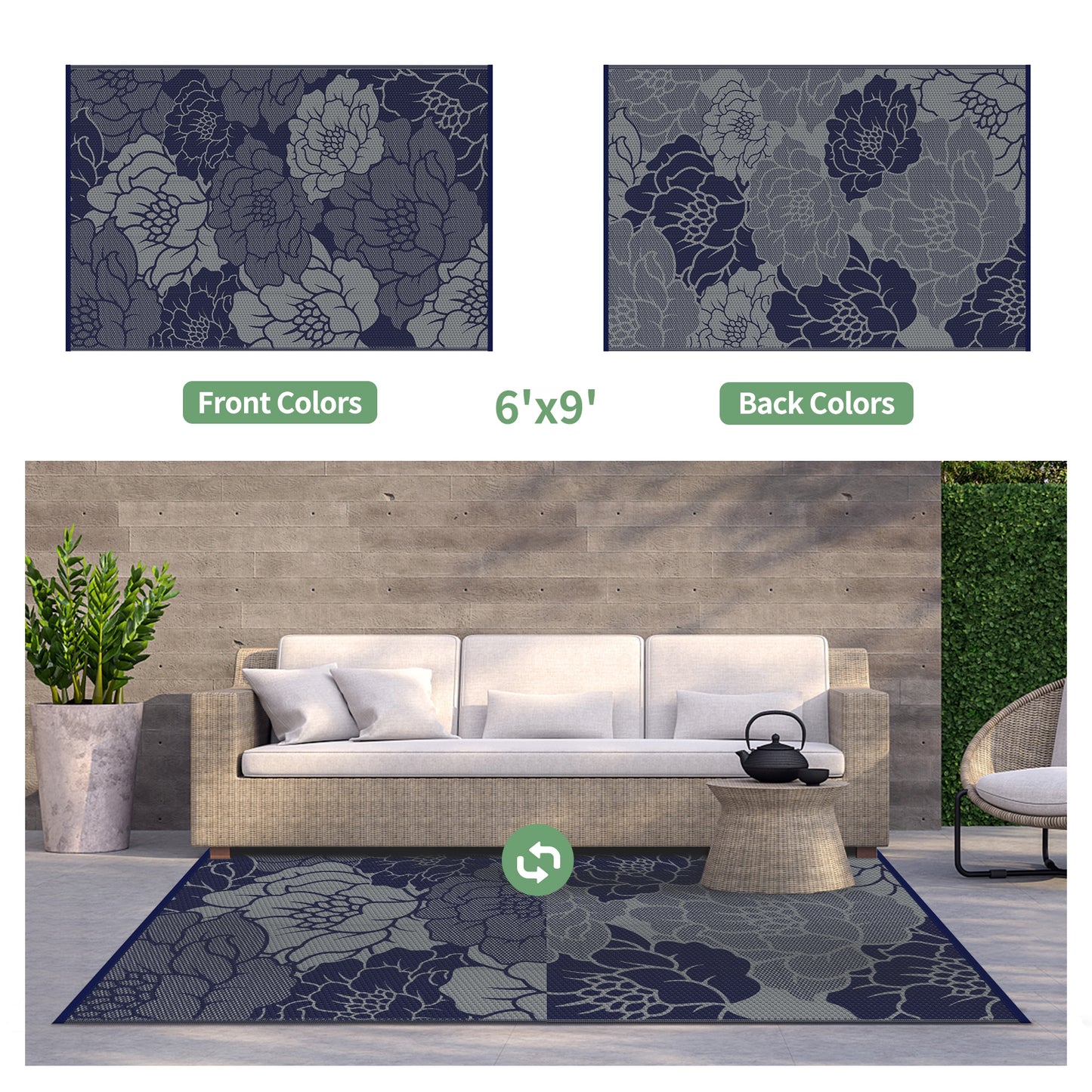 KUETH 6'x 9' Outdoor Rug Plastic Waterproof Outside Foldable Flower Mat UV Resistant Patio RV Deck Carpet,BLUE GREY