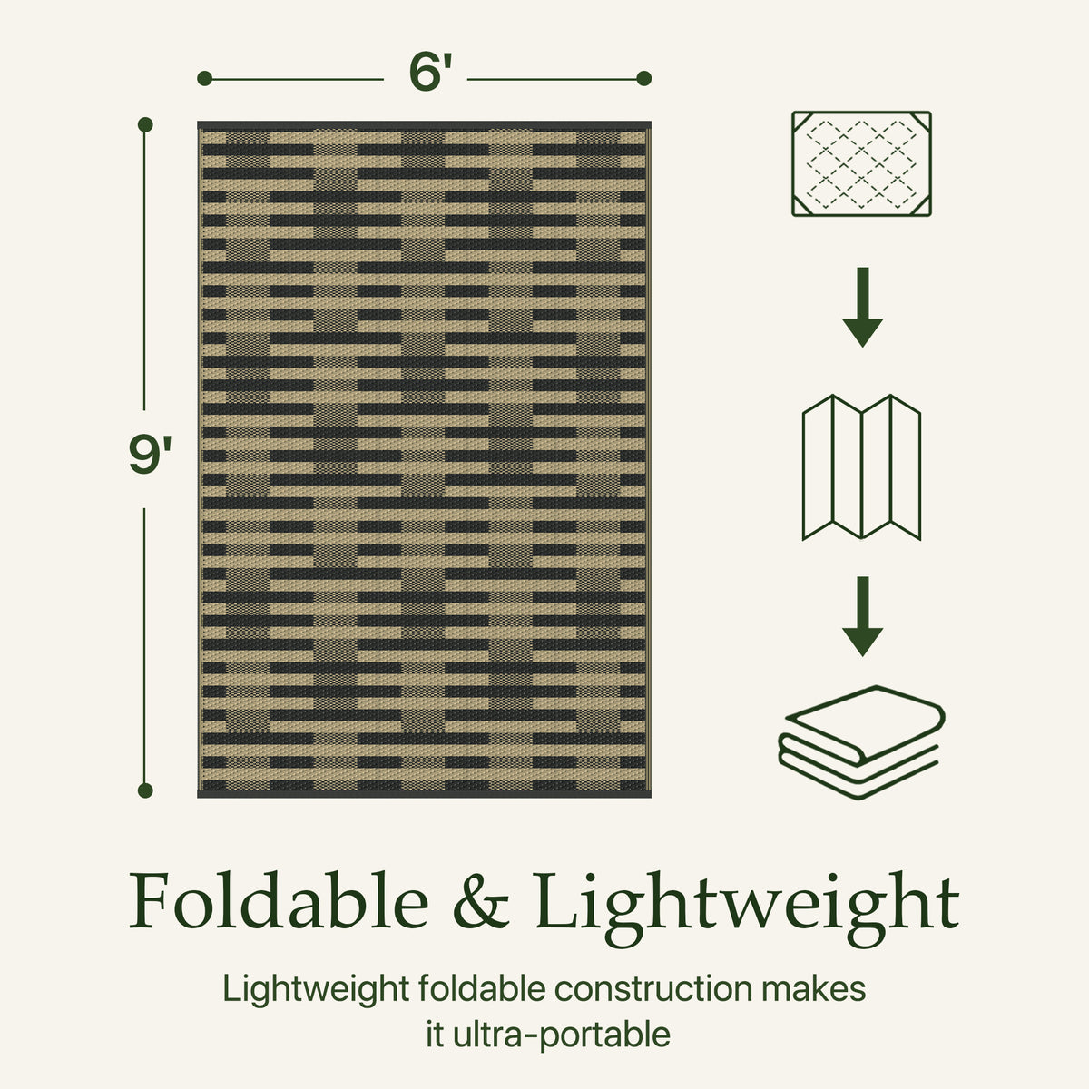 KUETH 6'x 9' Black and Beige Outdoor Plastic Rug Foldable Waterproof UV Resistant Reversible Outdoor Patio Geometric RV Deck Camping Rug