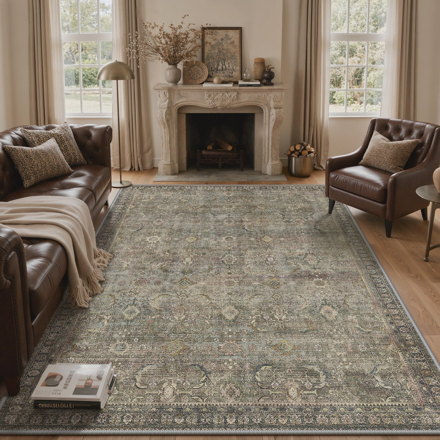KUETH Modern 8x10 Area Rugs for Living Room, Non Slip Machine Washable Retro Rugs, Low Pile Chenille Print Rug for Bedroom, Dining Room, Home Office