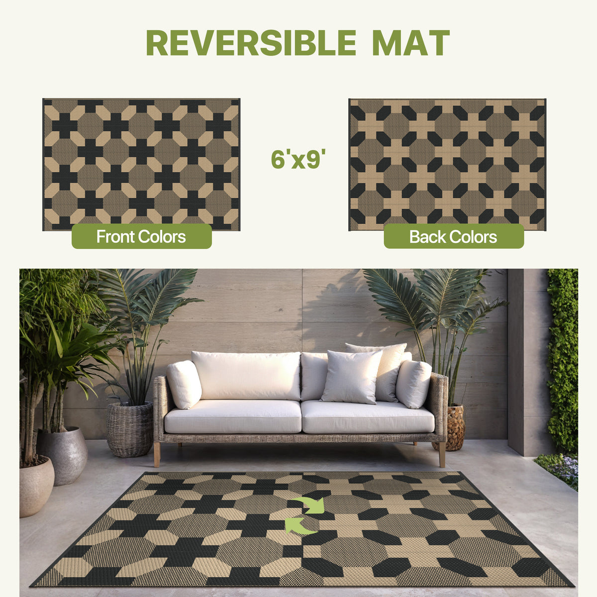 KUETH 6'x 9' Reversible Outdoor Patio Rug Waterproof UV Resistant Foldable Plastic Camping Carpet for RV Deck Pool Yard Balcony