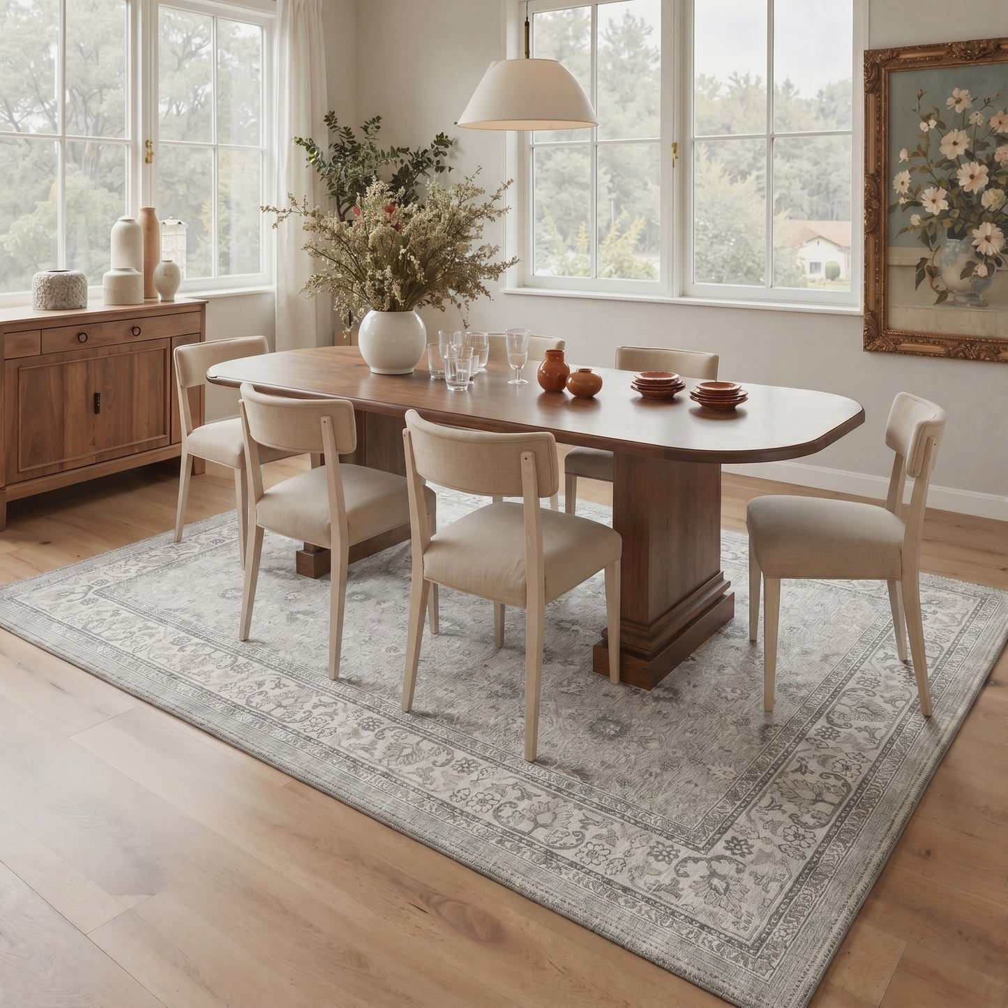 KUETH 8X10 Machine Washable Area Rug, Low Pile Non-Slip Backing Carpet for Living Room and Bedroom, Pet-Friendly Vintage Floral Medallion Rug, Gray