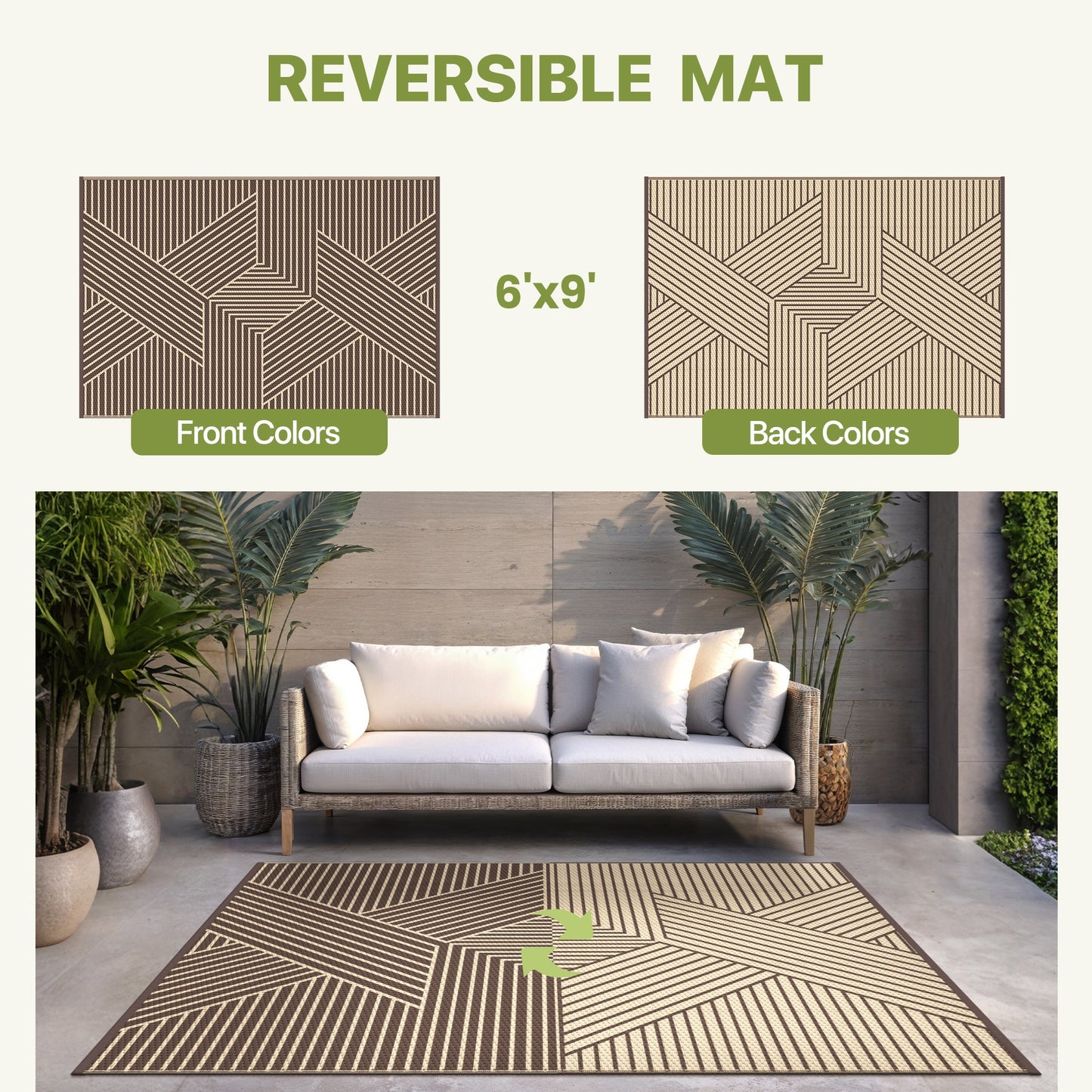 KUETH 6'x 9' Outdoor Rug Plastic Foldable Waterproof Outside Carpet UV Resistant Geometric Patio RV Deck Mat,COFFEE BEIGE