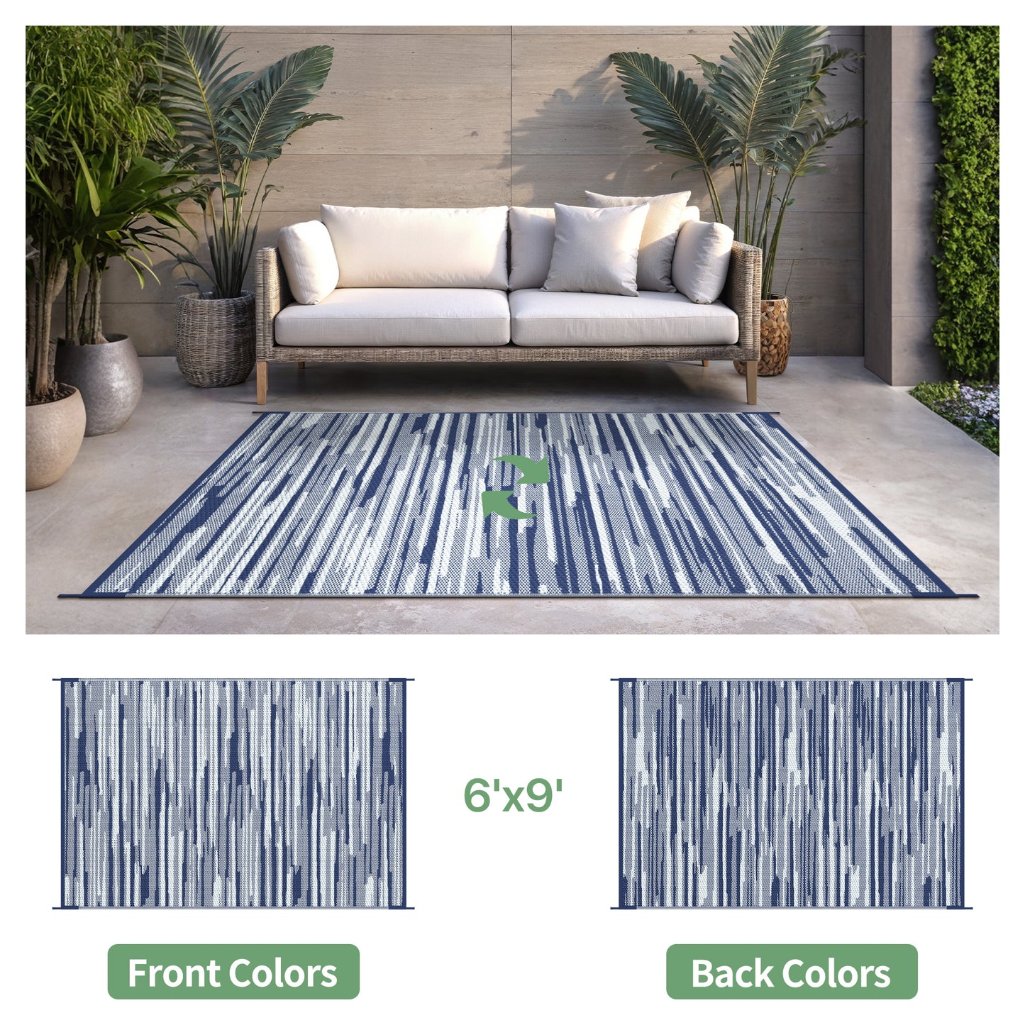 KUETH 6' x 9' Outdoor Waterproof Reversible Rug Camping Mat Abstract Patio Yard Carpet,BLUE&WHITE