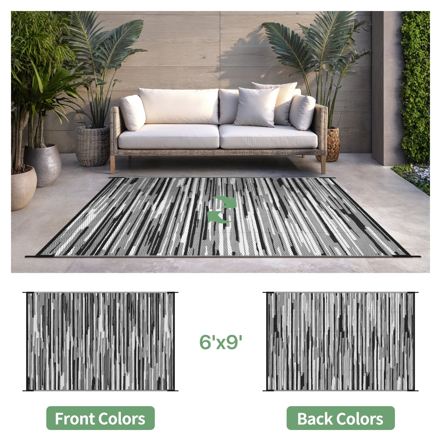 KUETH 6' x 9' Outdoor Waterproof Reversible Rug Camping Mat Abstract Patio Yard Carpet,BLACK&WHITE