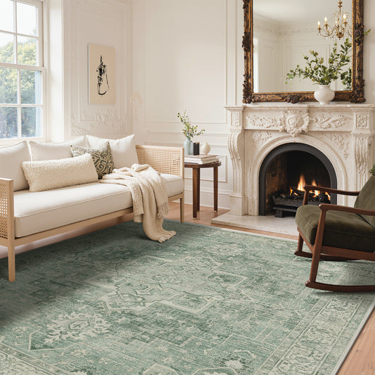 KUETH 8'x10' Area Rugs for Living Room, Non Slip Machine Washable Vintage Indoor Rug, Low Pile Chenille Print Rug for Bedroom Dining Room Home Office