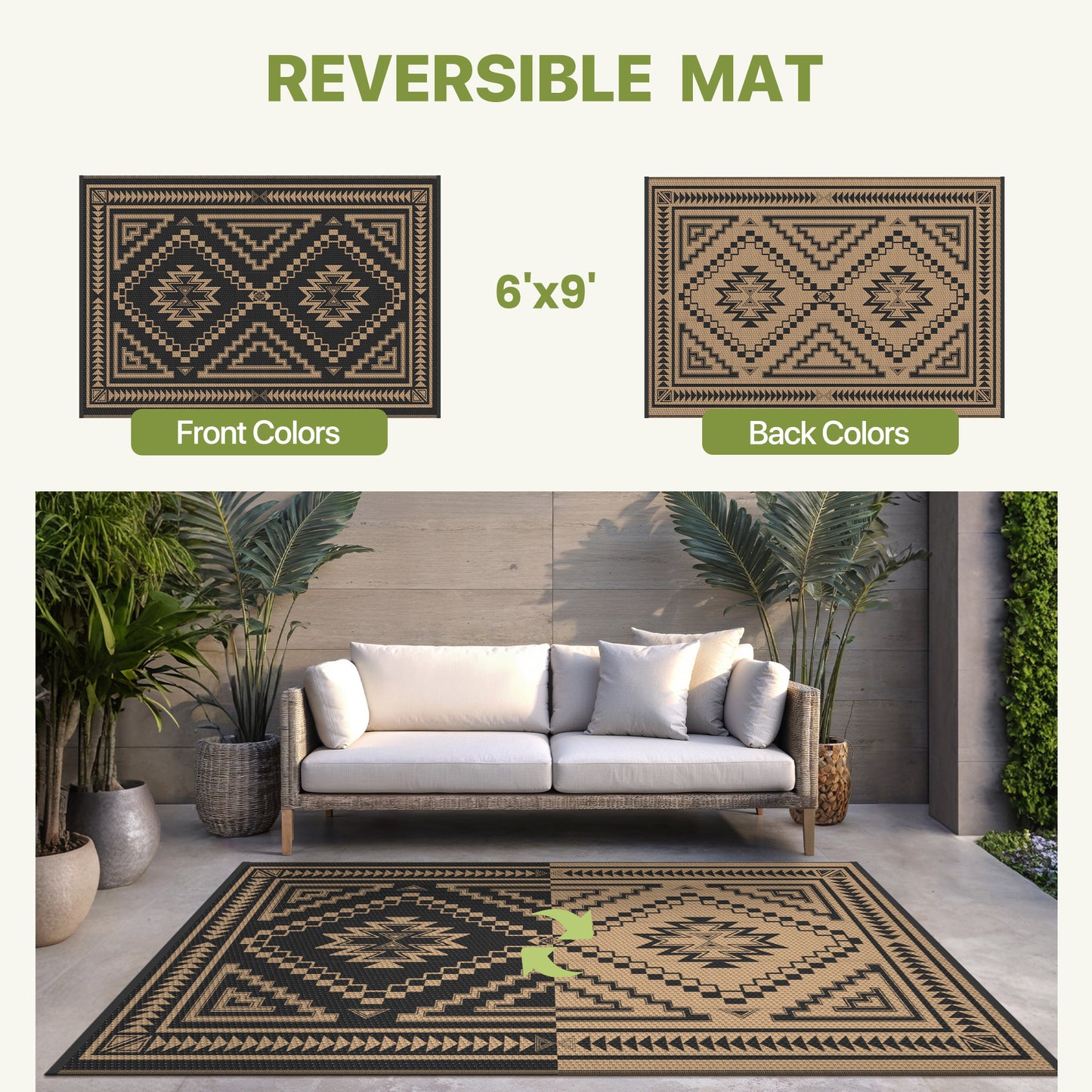 KUETH 6' x 9' Outdoor Rug Waterproof for Patio Carpet Plastic Reversible Straw Outdoor Rug for Camping Picnic Geometric Mat ,Black & Brown